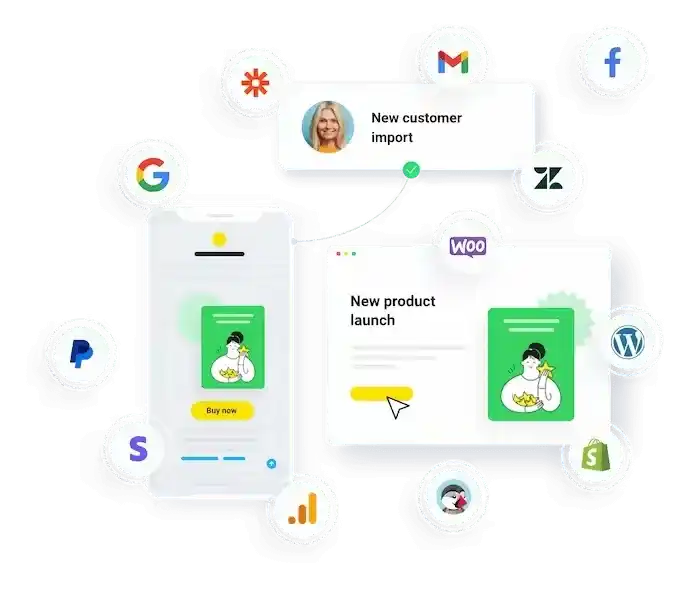 A feature overview graphic with elements like forms, automation, analytics, and ecommerce tools - Email Marketing Academix