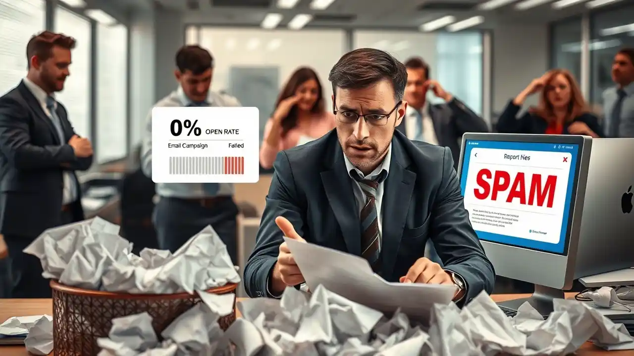 A frustrated executive looking at a failed business to business email marketing campaign report with low engagement and spam issues - Email Marketing Academix