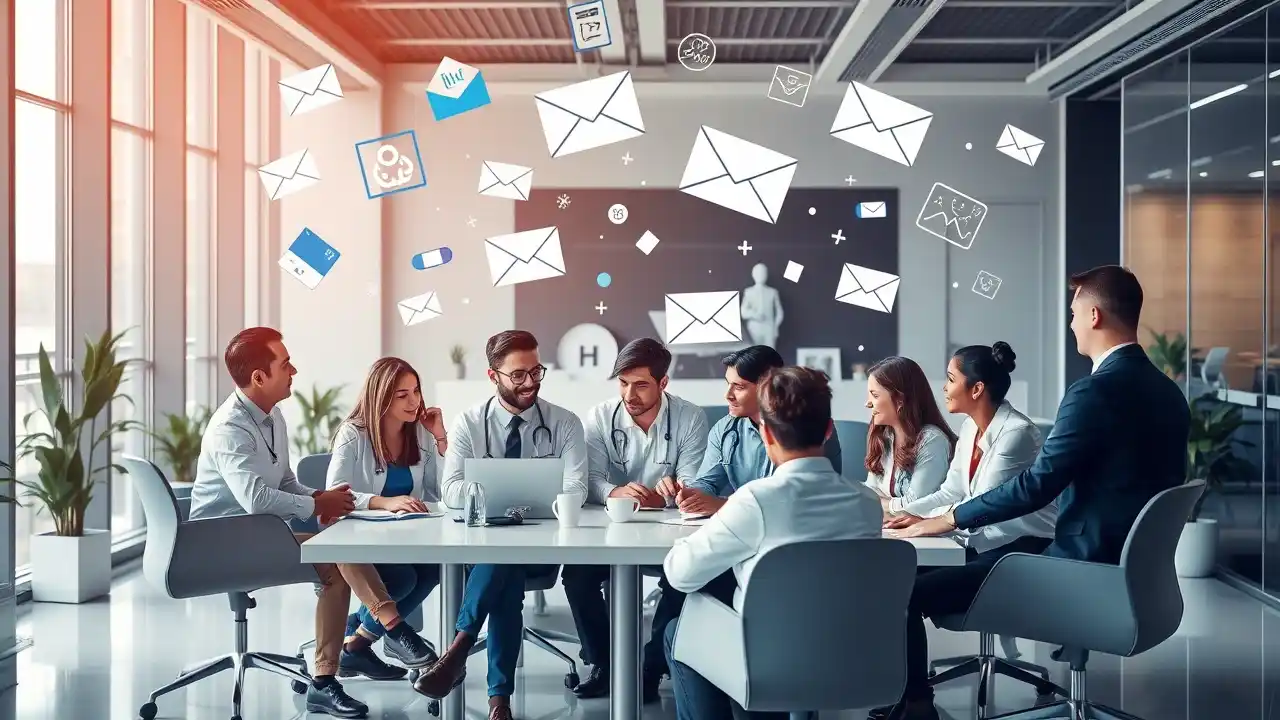 A professional healthcare email marketing dashboard displaying email campaign metrics and engagement stats - Email Marketing Academix