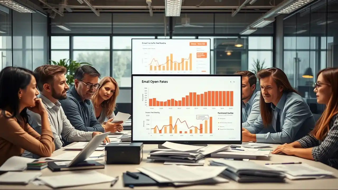 Email Campaign Management failure shown on a dashboard with low open rates and poor Email Marketing Automation setup - Email Marketing Academix