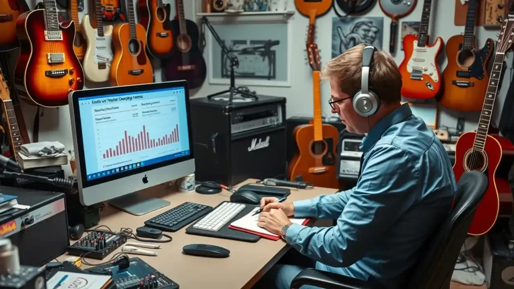 Email marketing for musicians on laptop screen showing campaign performance and fan engagement stats - Email Marketing Academix